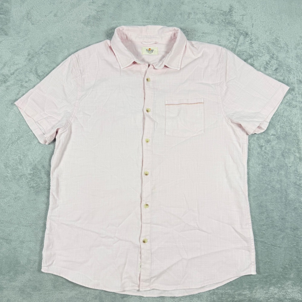 Marine Layer Mens Large Short Sleeve Button Down Pink Textured Summer Shirt